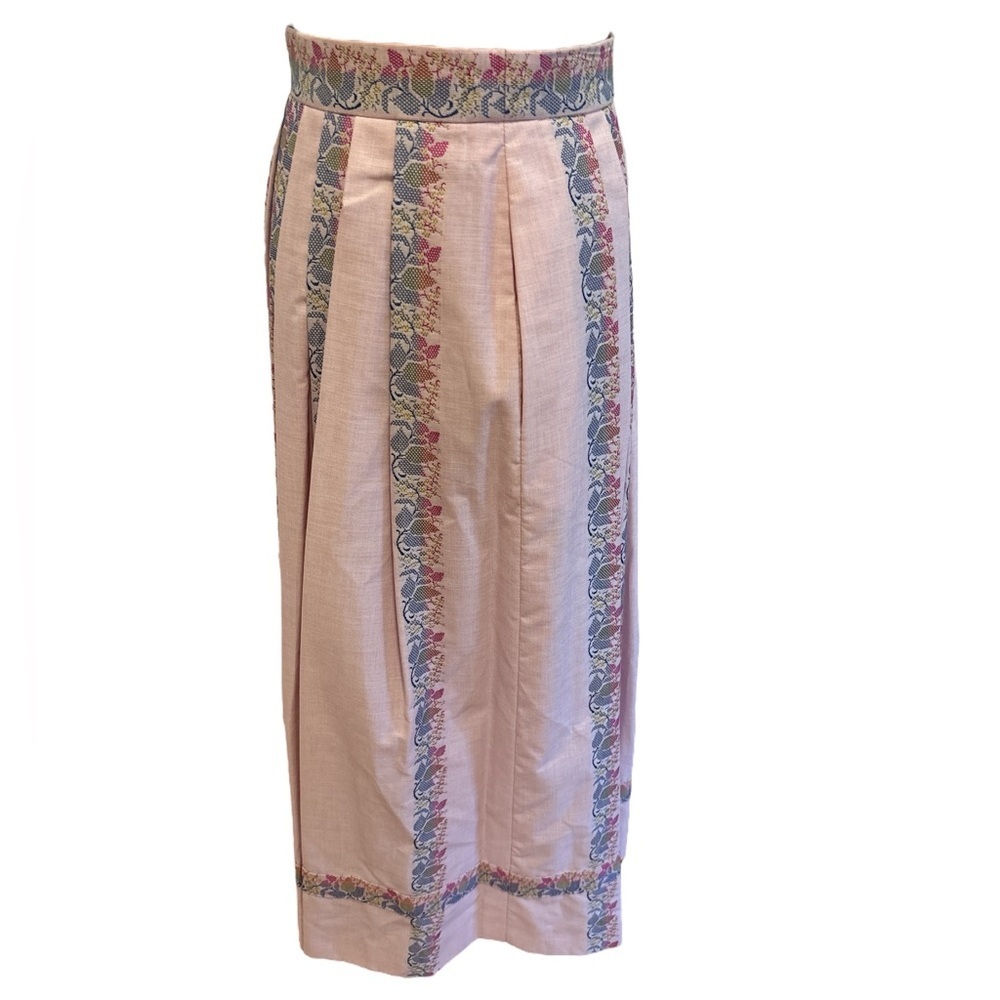 90s GEIGER AUSTRIA PINK & BLUE FLORAL STRIPE PLEAT HIGH WAIST MIDI SKIRT SZ XXS - Picture 5 of 10